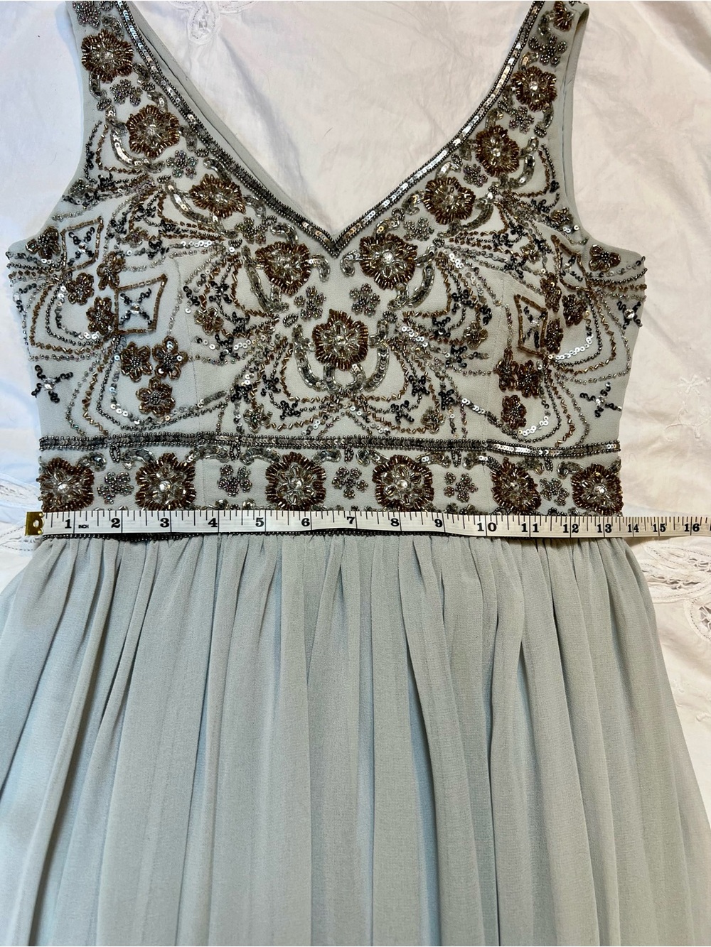 BHLDN by Anthropologie Pale Bluish Gray Beaded V-Neck Pleated Maxi Dress Size 4 - Picture 11 of 15